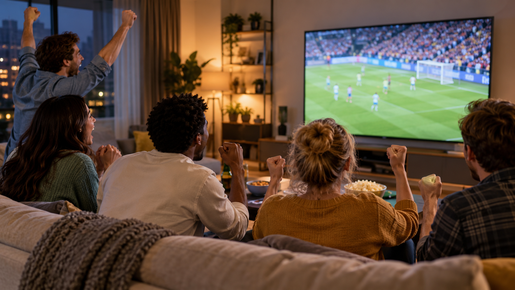 People with different accessibility needs watching captioned television together